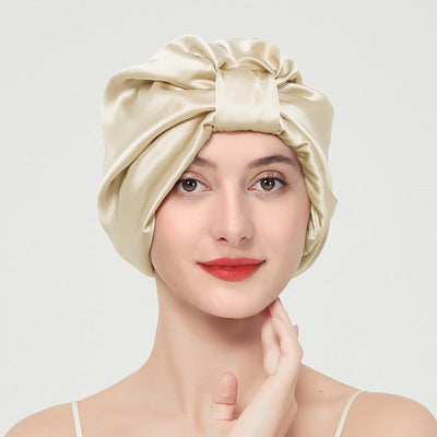 Double layer elastic simulation silk beauty makeup satin knotted hair care home French nightcap - Korvel