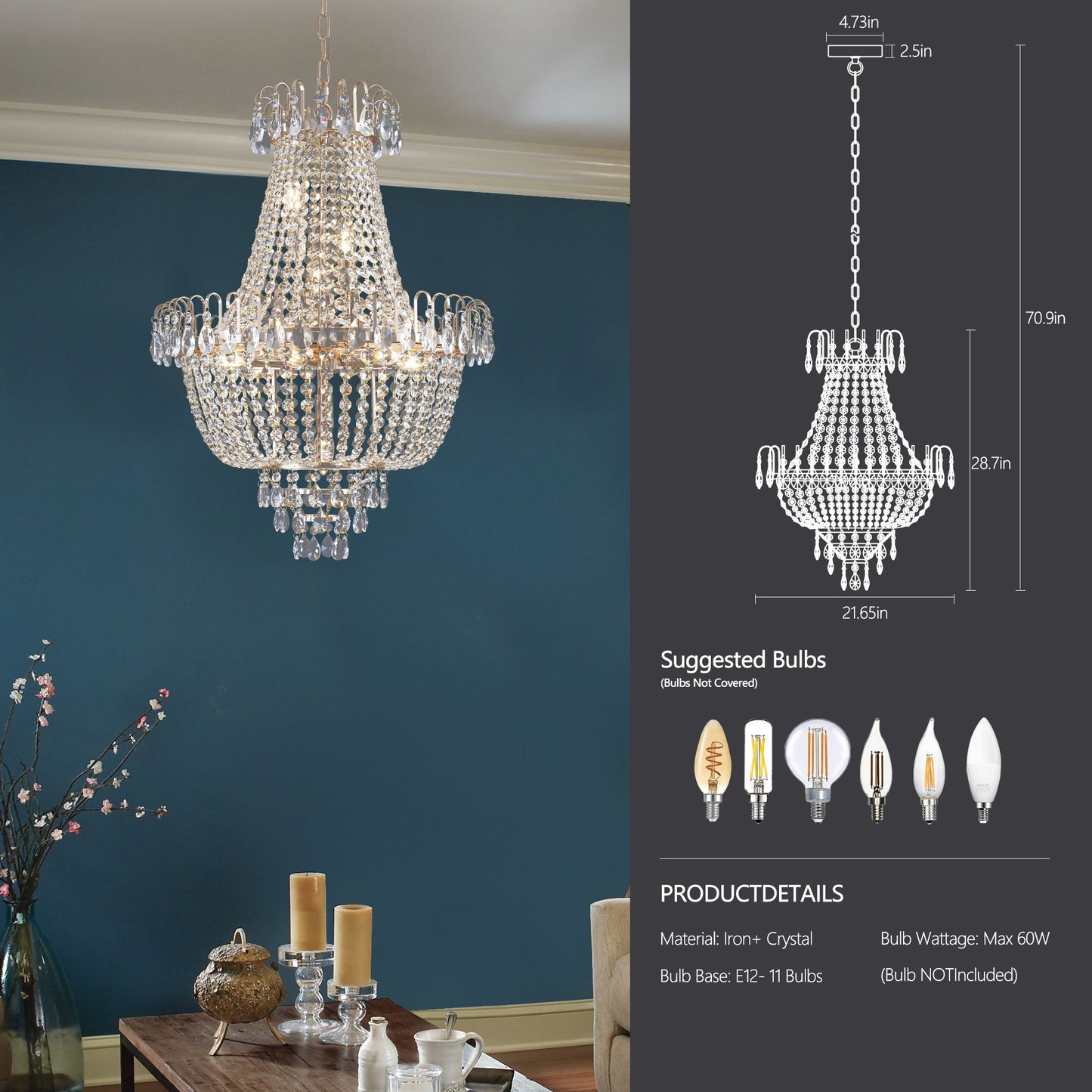 Golden crystal pendant light, large modern luxury ceiling lighting (without light bulbs) - Korvel