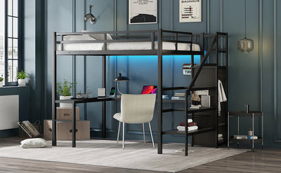 Full Size Loft Bed with L-shaped Desk and USB - Black