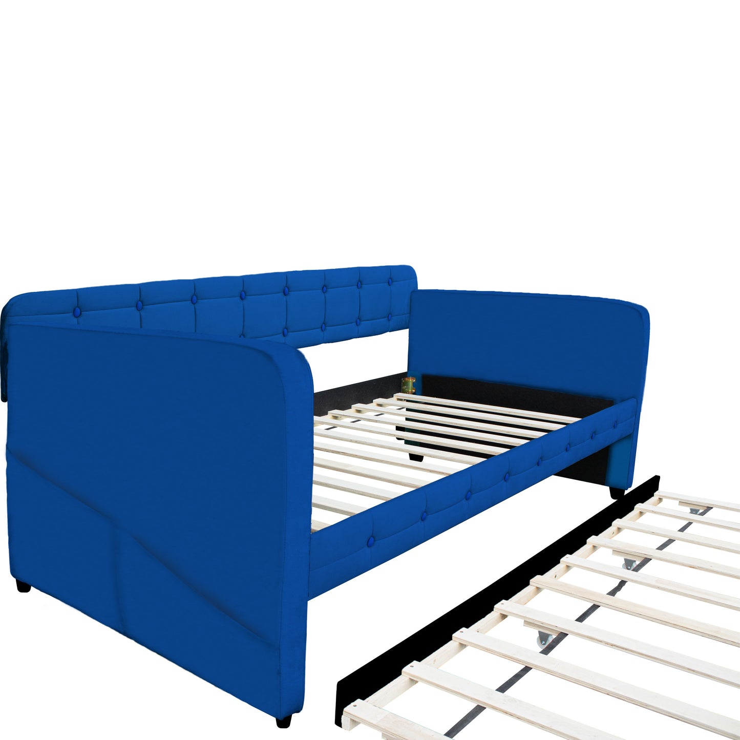 Blue padded twin beds with wheels, velvet fabric, no need for springs - Korvel