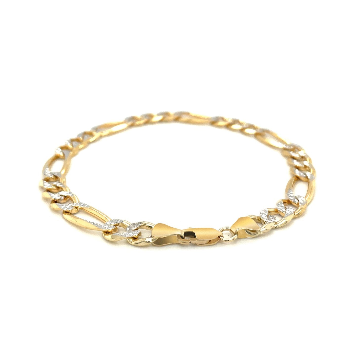 14K Yellow Two Tone Solid Pave Figaro Bracelet - 7.0mm