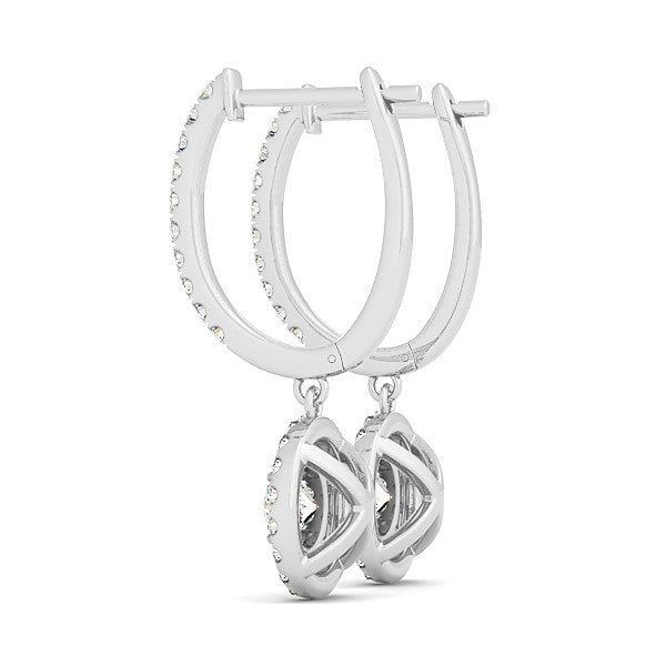 14k White Gold Double Halo Round Diamond Drop Earrings