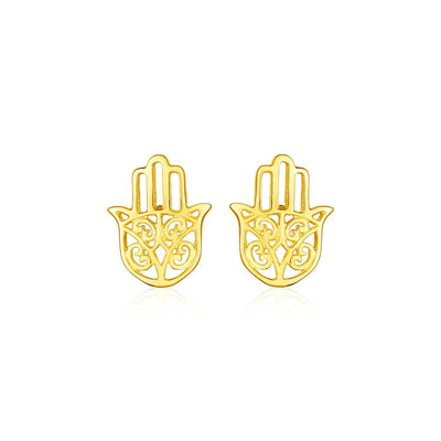 Pendientes de aro de mano de Hamsa pulidos de oro amarillo de 14k