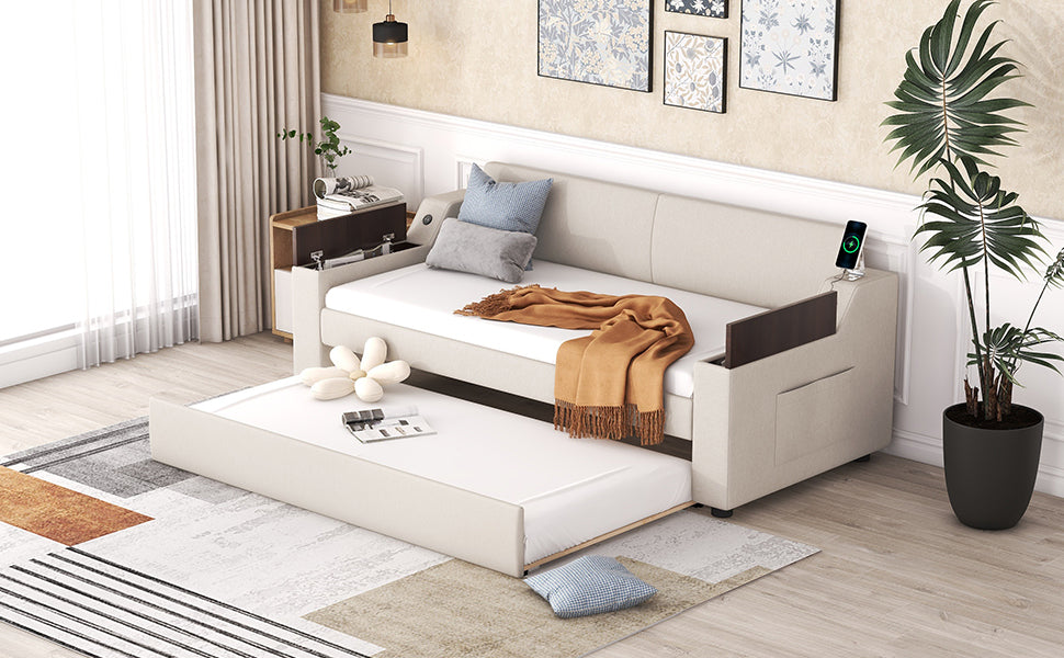 Twin Size Upholstery Daybed with Storage Arms and USB - Beige