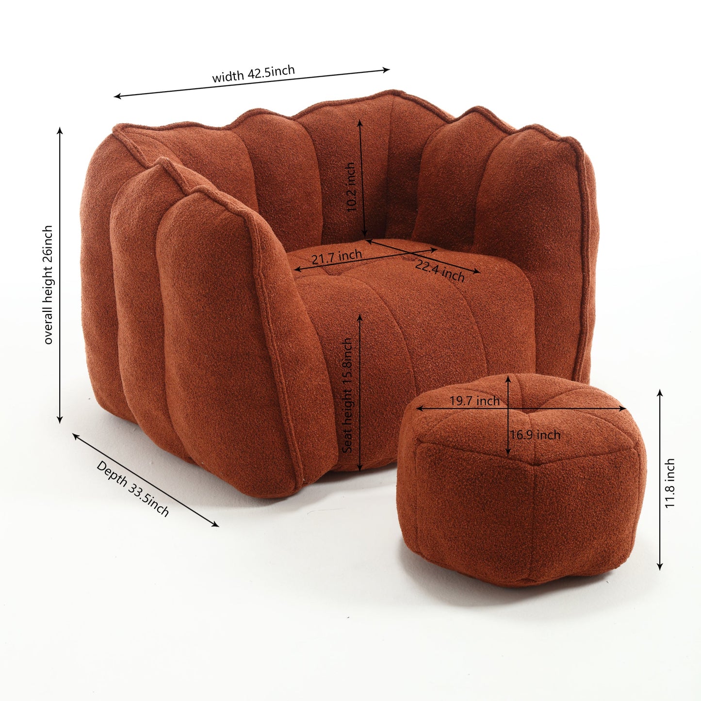 Soft Bean Bag Chair with High Resilient Foam(Chips)for living room and bedroom Comfortable Square Lazy Sofa with Footstool - Korvel