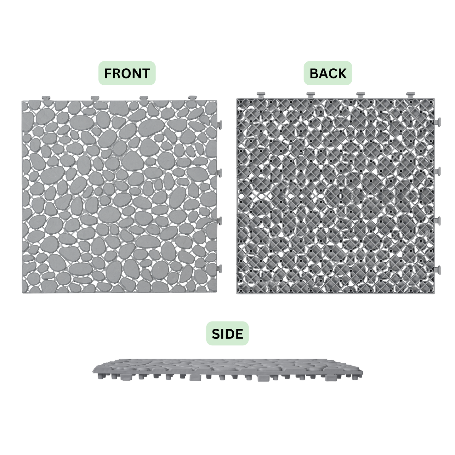 12 x 12 inch gray interlocking deck tiles, plastic waterproof pebble pattern, pack of 12 pieces - Korvel
