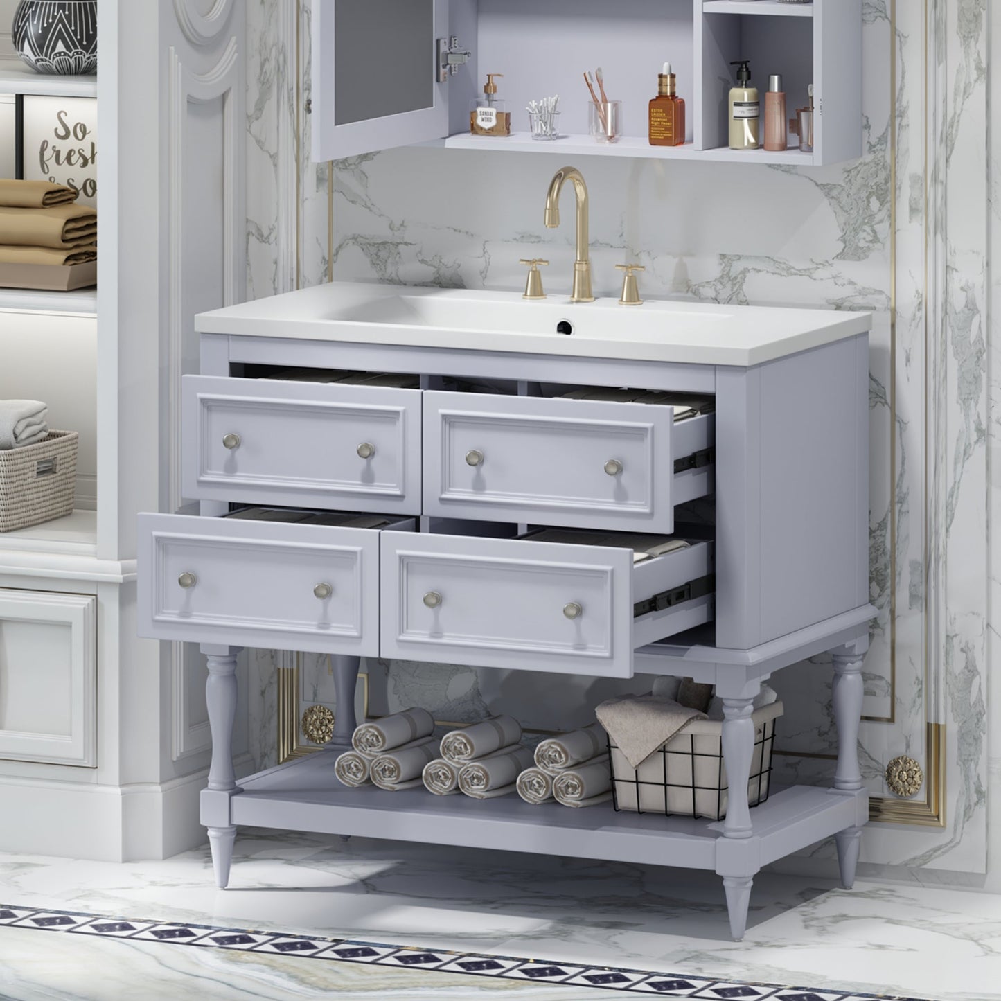 36" Blue Bathroom Vanity Cabinet with Sink Combo