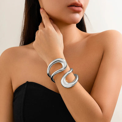 Lacteo Steampunk Chunky Heavy Metal Spring Cuff Bracelet for Women Irregular Big Hollow Out Bangle Jewelry Party Accessories - Korvel
