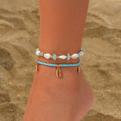 Elegant Beach Circular Rice Bead Anklet Set - 3 Pieces