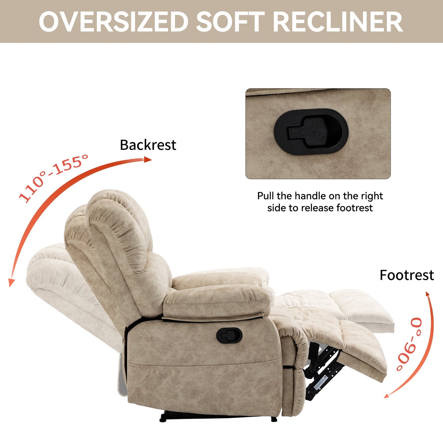 Large Manual Recliner Chair in Beige Fabric
