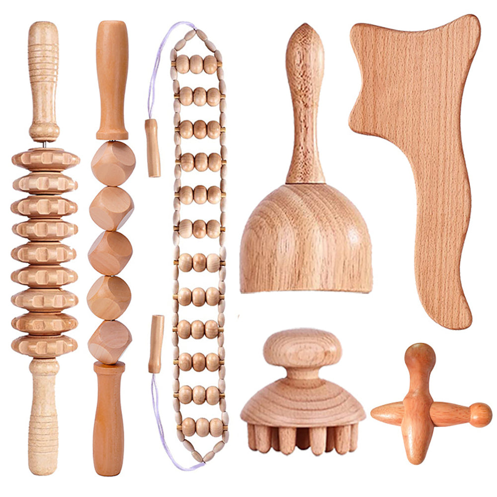 Beech wood therapy scraping cup, meridian dredging roller, tendon rolling stick, scraping board, head massager, massage set - Korvel