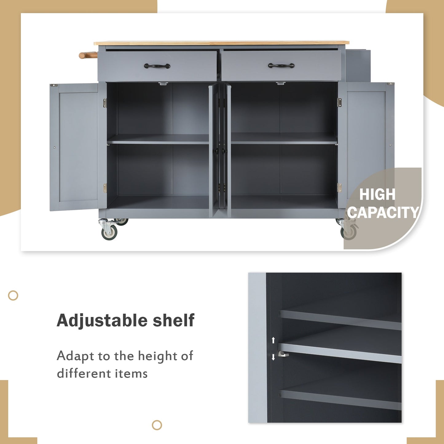Kitchen Island Cart with Solid Wood Top and Locking Wheels 54.3 Inch Width (Grey Blue) - Korvel