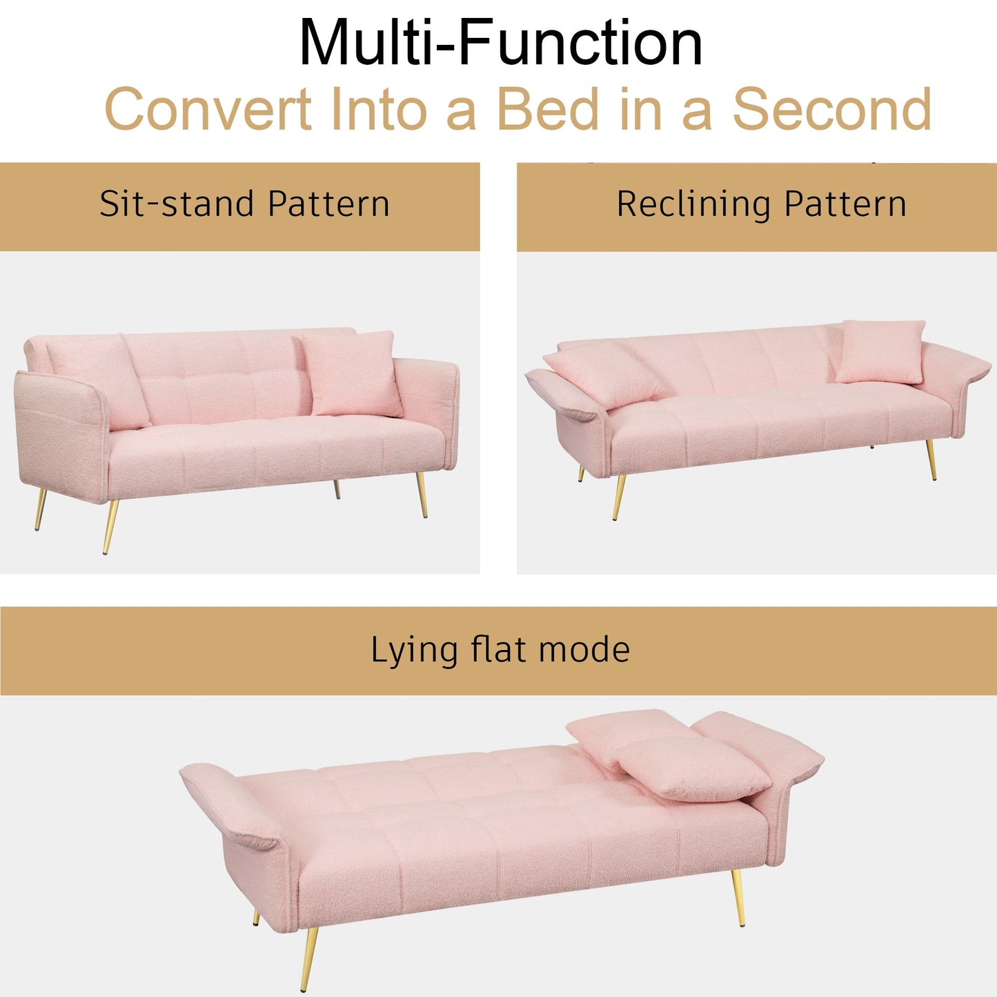 Sofá Futón Convertible de Terciopelo Rosa de 70 Pulgadas
