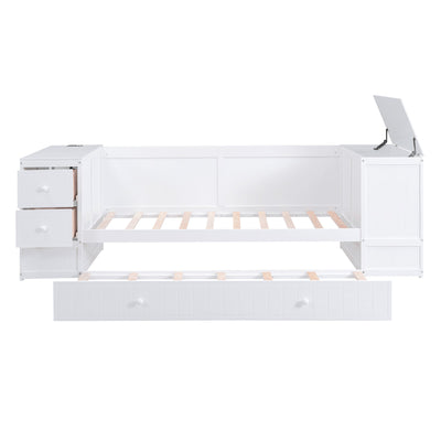 Twin Size Daybed with Storage Arms Trundle and Charging Station White - Korvel