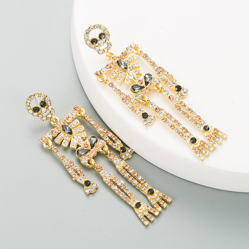 European and American style skull skeleton alloy inlaid rhinestone earrings female personality long exaggerated earrings earrings - Korvel