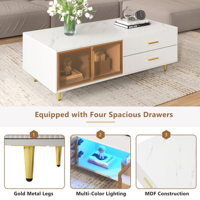 Modern White Coffee Table with 2 Glass Door Storage, 4 Drawers, Gold Metal Legs, and Multi-Color Lighting in 47.2' - Korvel