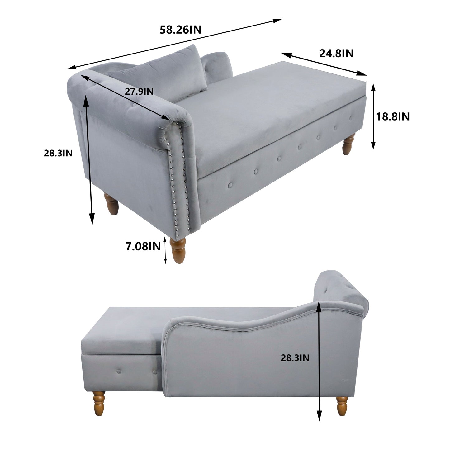 Grey Velvet Chaise Lounge Chair with Storage & Pillow