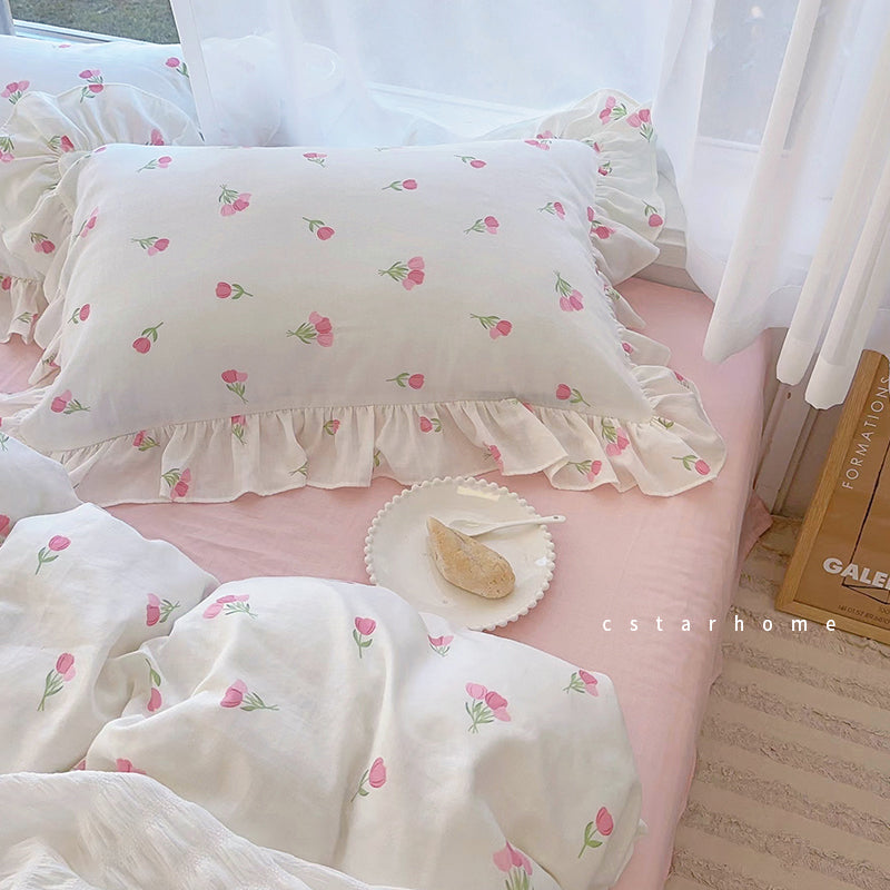 Pink Tulip Floral Pure Cotton Pillowcase - 48x74cm