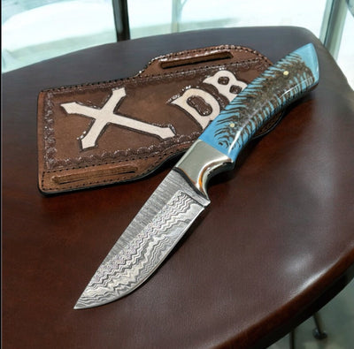 Artisan Damascus Cowboy Knife – 10" Rasp Tool Steel Blade with Unique Resin Pine Cone Handle & Leather Sheath - Korvel