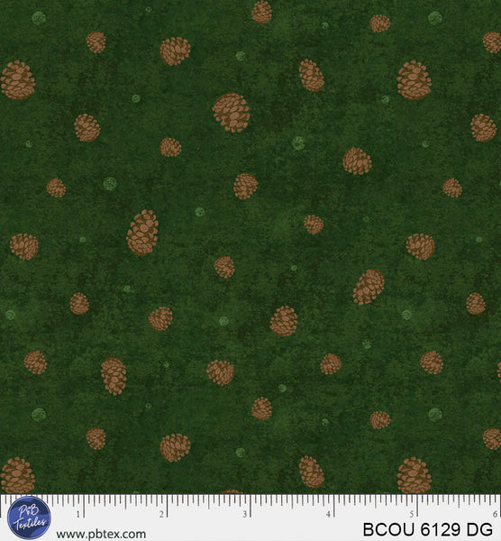 Dark Green Pinecones Bigfoot Country Cotton Fabric