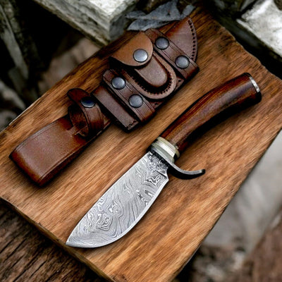 Premium 9" Full Tang Damascus Hunting Knife with Elegant Rosewood and Bone Handle - Korvel
