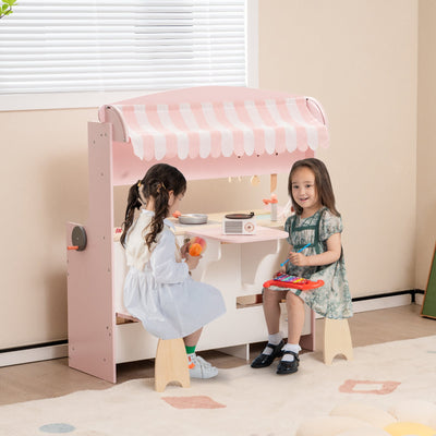 Double-Sided Kids Play Kitchen Set with Canopy and Seats