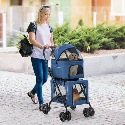 Poussette Double pour Animaux - Poussette 3-en-1 Pliable avec Transporteurs Détachables - Bleu