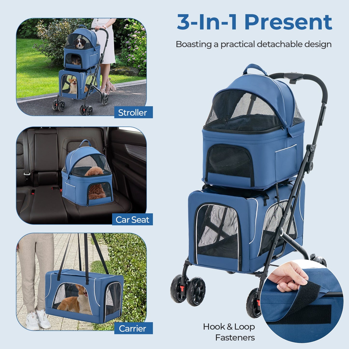 Carrito Doble para Mascotas - Carrito Plegable 3 en 1 con Transportadoras Desmontables - Azul
