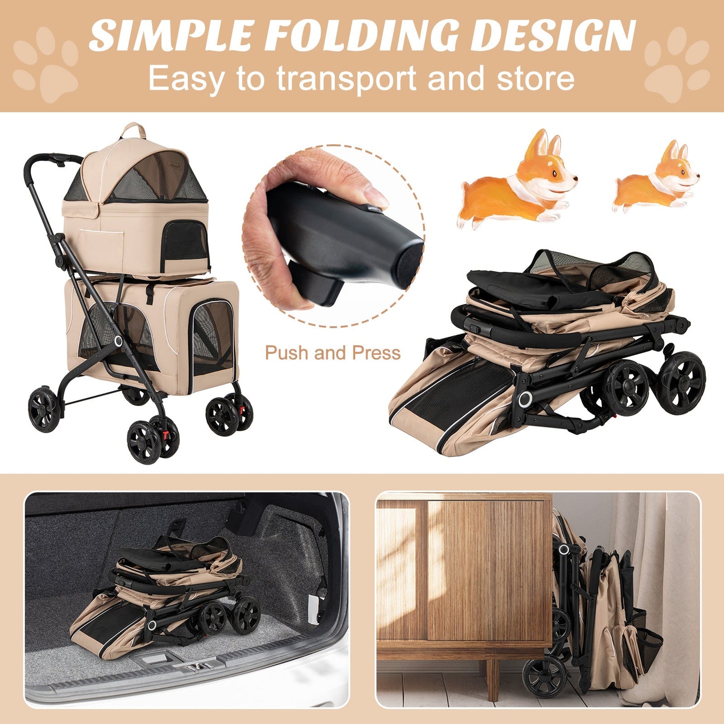 Double Pet Stroller 3-in-1 with Detachable Carriers - Beige