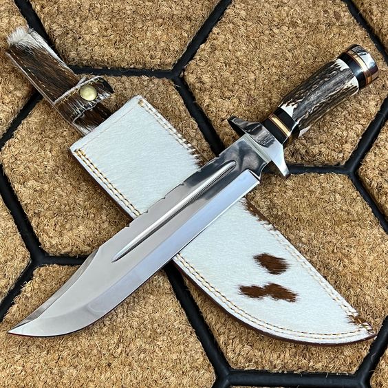 14-Inch Custom Damascus Steel Bowie Knife | Antler Handle & Leather Sheath | Perfect for Outdoor Adventures - Korvel