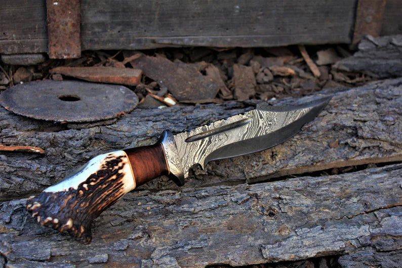 Exclusive 13" Damascus Bowie Knife – Stag Crown & Rosewood Handle with Premium Leather Sheath - Korvel