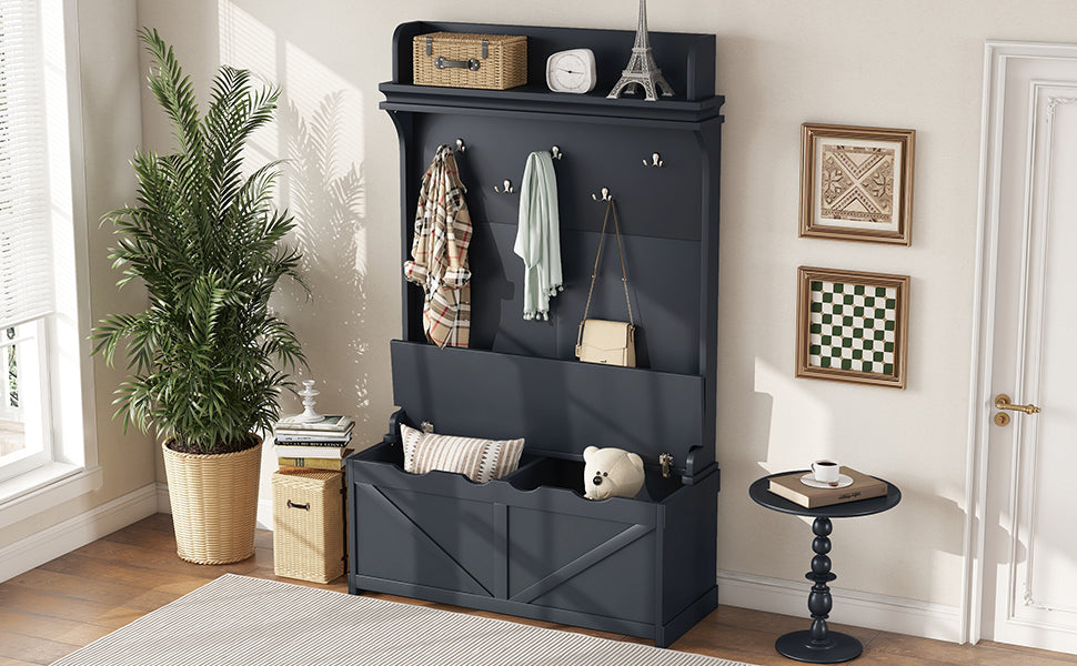Hall tree with storage desk, entrance desk with drawers and 5 hooks, display rack, dark blue - Korvel