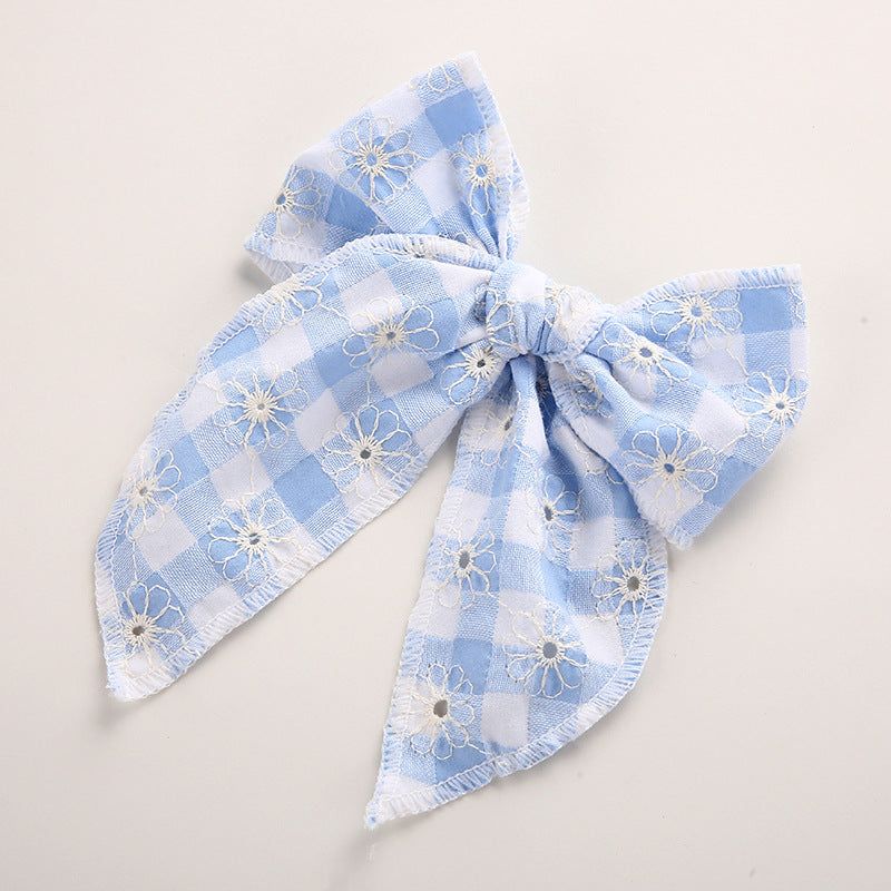Children's Headwear Girl Plaid Cotton Embroidery Bow Hairpin Big Swallowtail Hairpin - Korvel