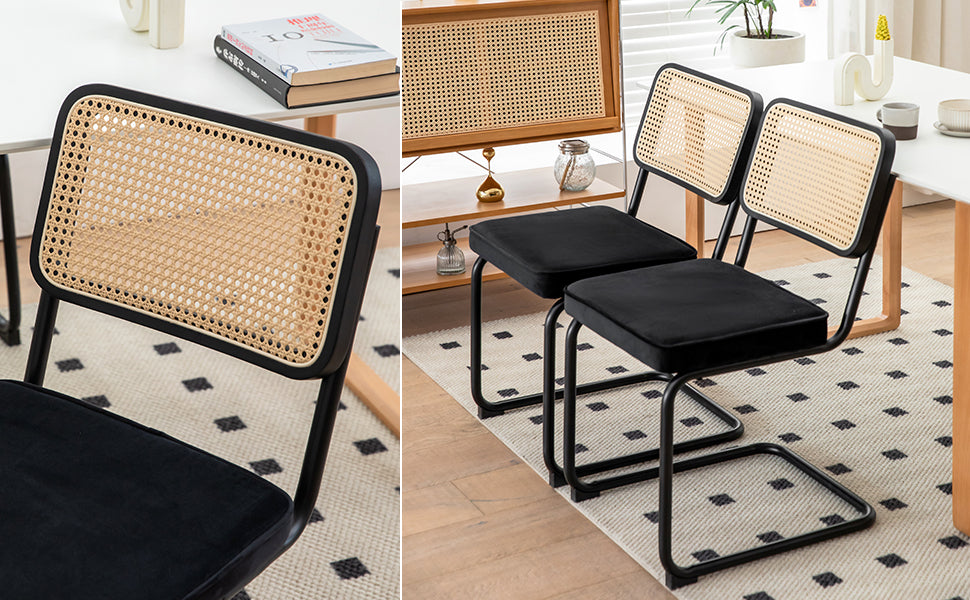 Dining Chairs Set of 2 velvet wicker side decorative chairs, black painted legs, modern medieval Bruell designed chairs, - Korvel