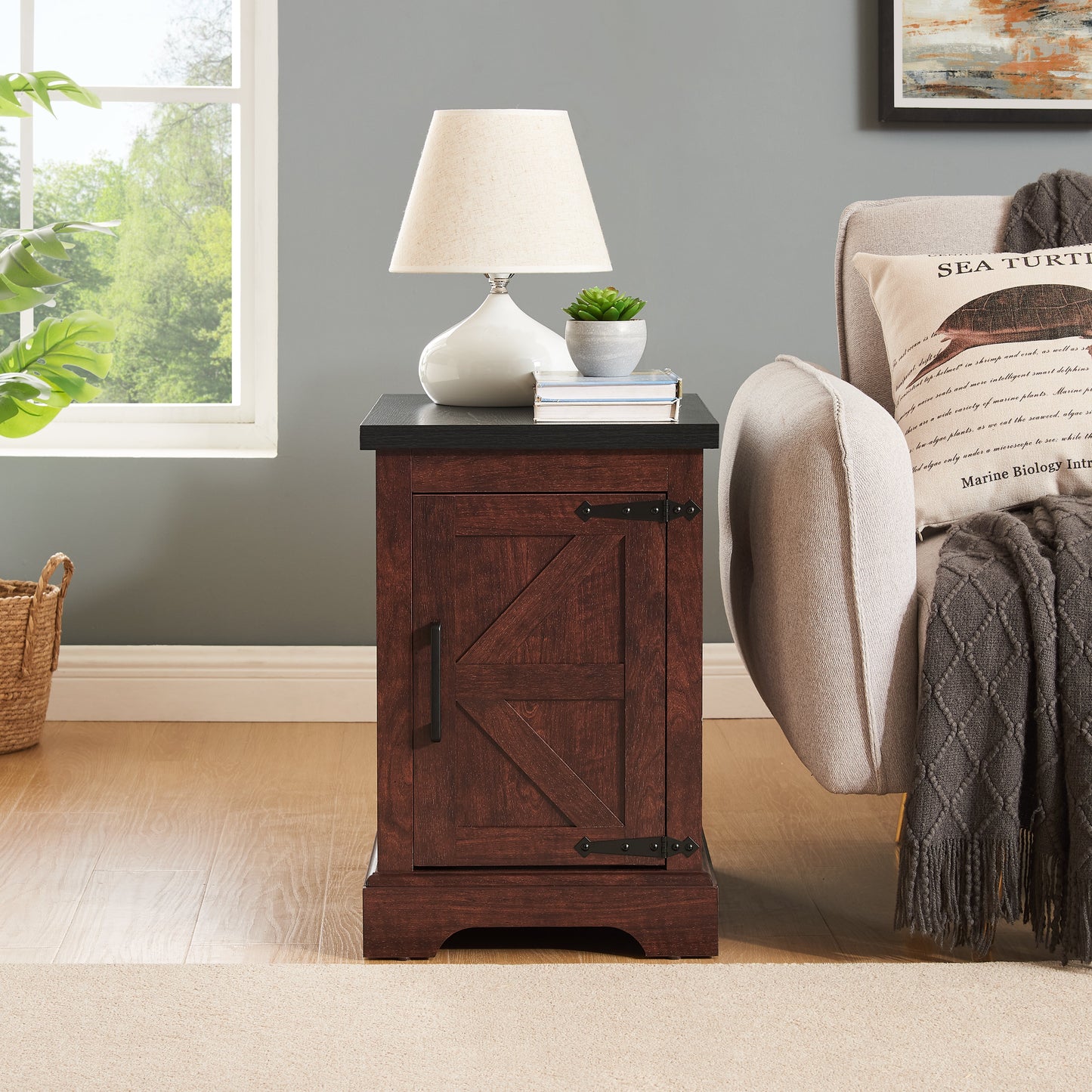 Farmhouse tea table bedside table rectangular farmhouse tea table with barn door and adjustable storage rack OAK - Korvel