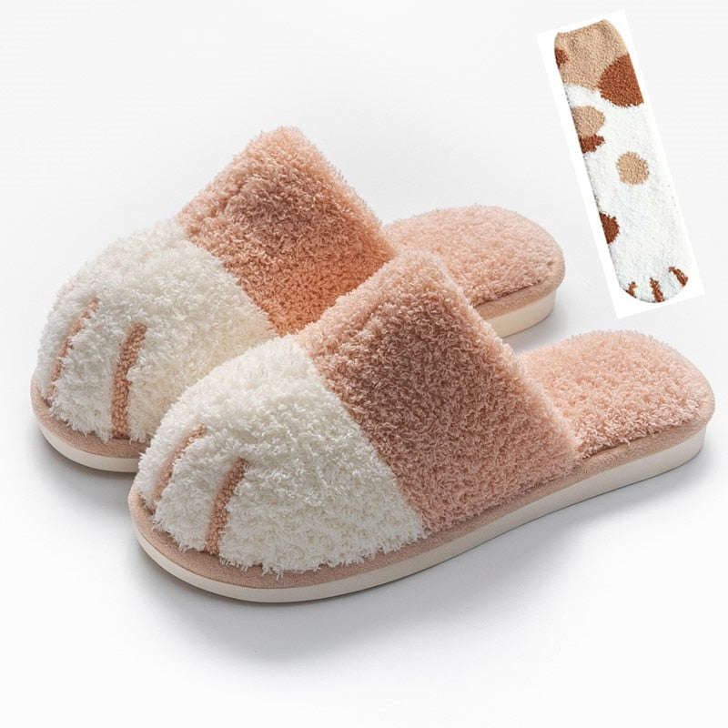Winter House Warm Fur Slipers For Women Cute Cat paw Designer Bedroom Warm Plush Shoes Non-slip Indoor Women Furry Slippers - Korvel
