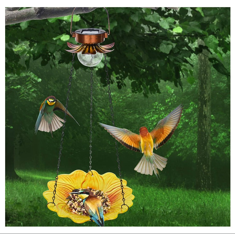 Solar Hanging Bird Bath - 24 Inch Glass Feeder with Sunflower Design