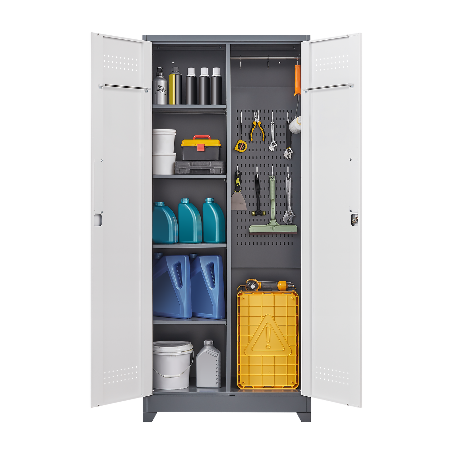 Metal storage cabinets, lockable cleaning tool cabinets, high broom tool organizers, and large storage cabinets in storage store - Korvel