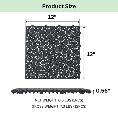 12 x 12 inch black interlocking deck tiles, plastic waterproofing, pebble pattern, pack of 12 - Korvel