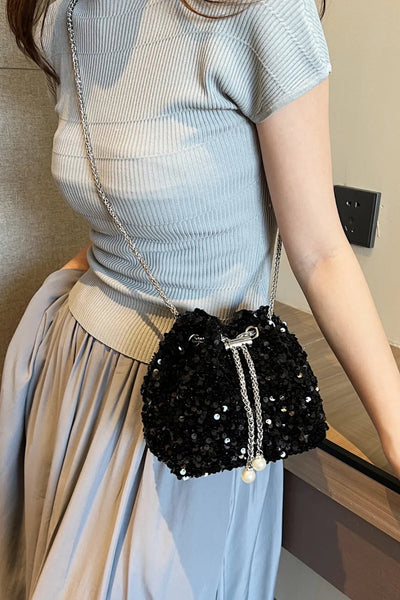 Sequin Chain Drawstring Bucket Bag - Korvel