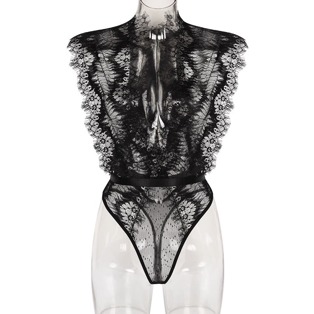 Elegant Eyelash Lace Deep V Bodysuit