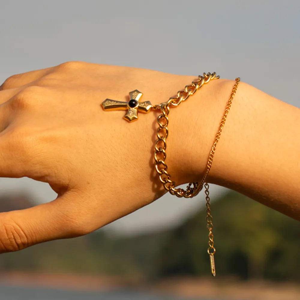 Stainless Steel Imitation Gemstone Cross Pendant Bracelet
