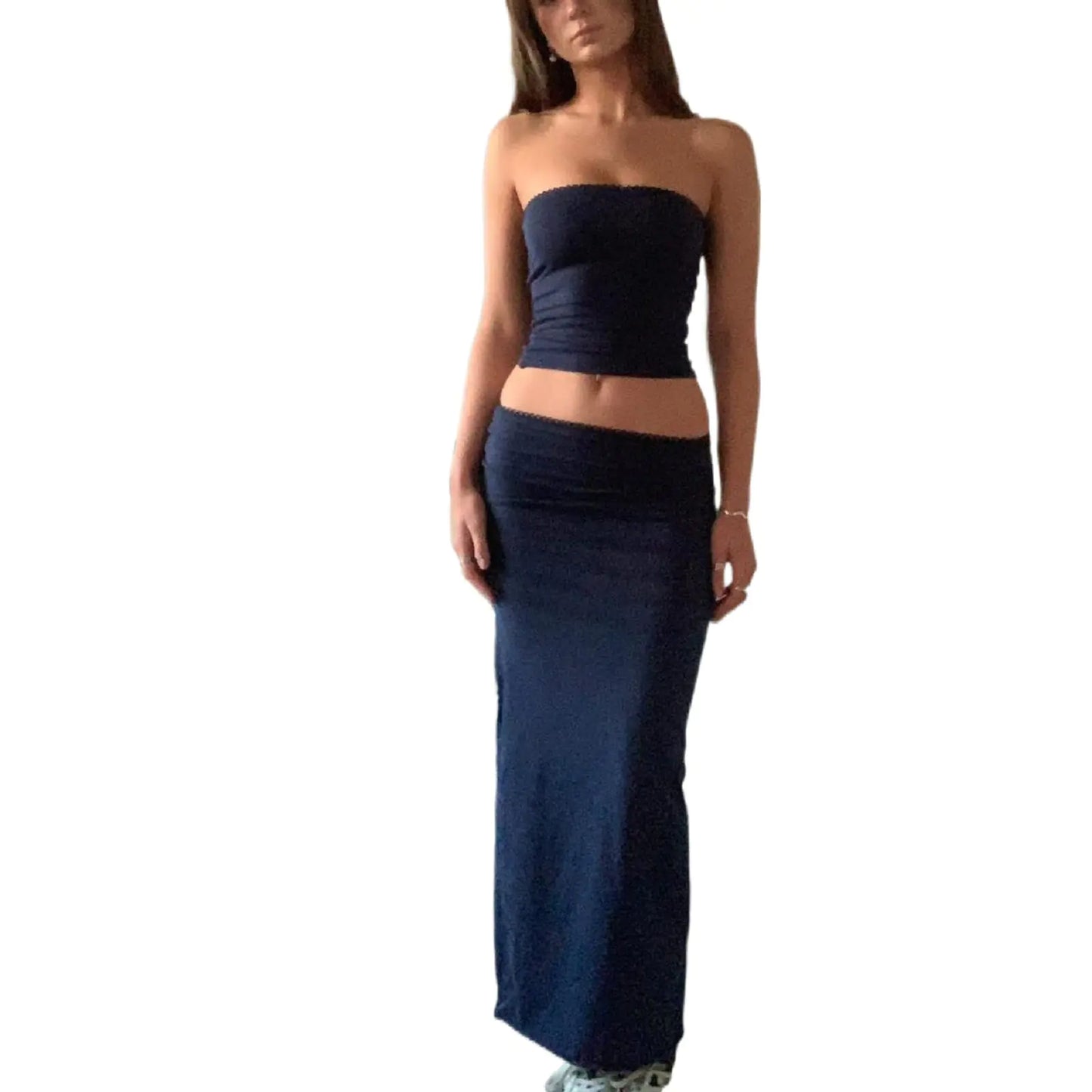 Conjunto de Falda Y2K para Mujeres - Top Corto Sin Tirantes y Falda Midi Bodycon