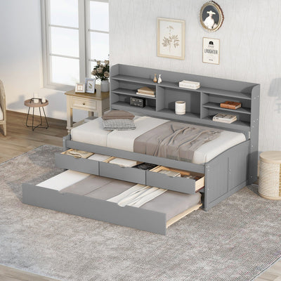 Twin Size Wooden Captain Bed with Built-in Bookshelves,Three Storage Drawers and Trundle Light Grey - Korvel