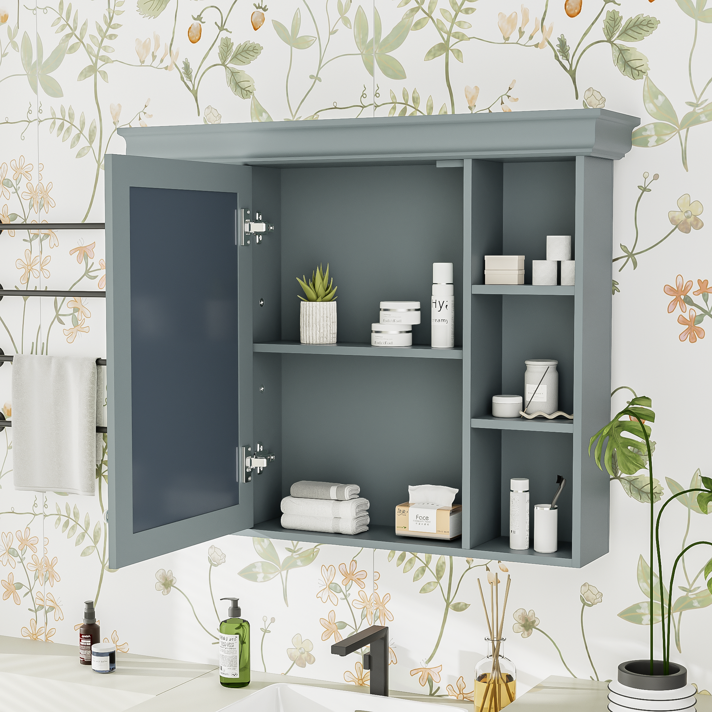 35 ''x 28' 'blue wall mounted bathroom storage cabinet with mirror door and medication cabinet with 6 open shelves - Korvel