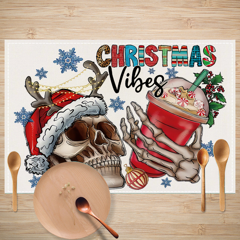 Mantel de mesa de lino impreso con calavera navideña y taza de té con leche