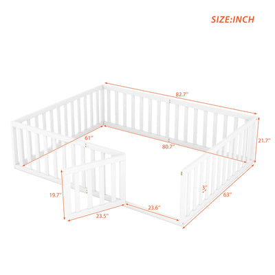 Queen Size Wood Floor Bed Frame with Fence and Door White(OLD SKU:WF289663AAK) - Korvel