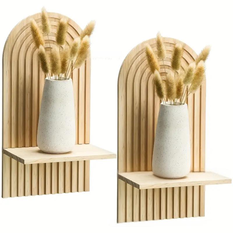 Bohemian style wooden arched wall hanging double layered candlestick vase suitable for decorating living room and bedroom walls - Korvel