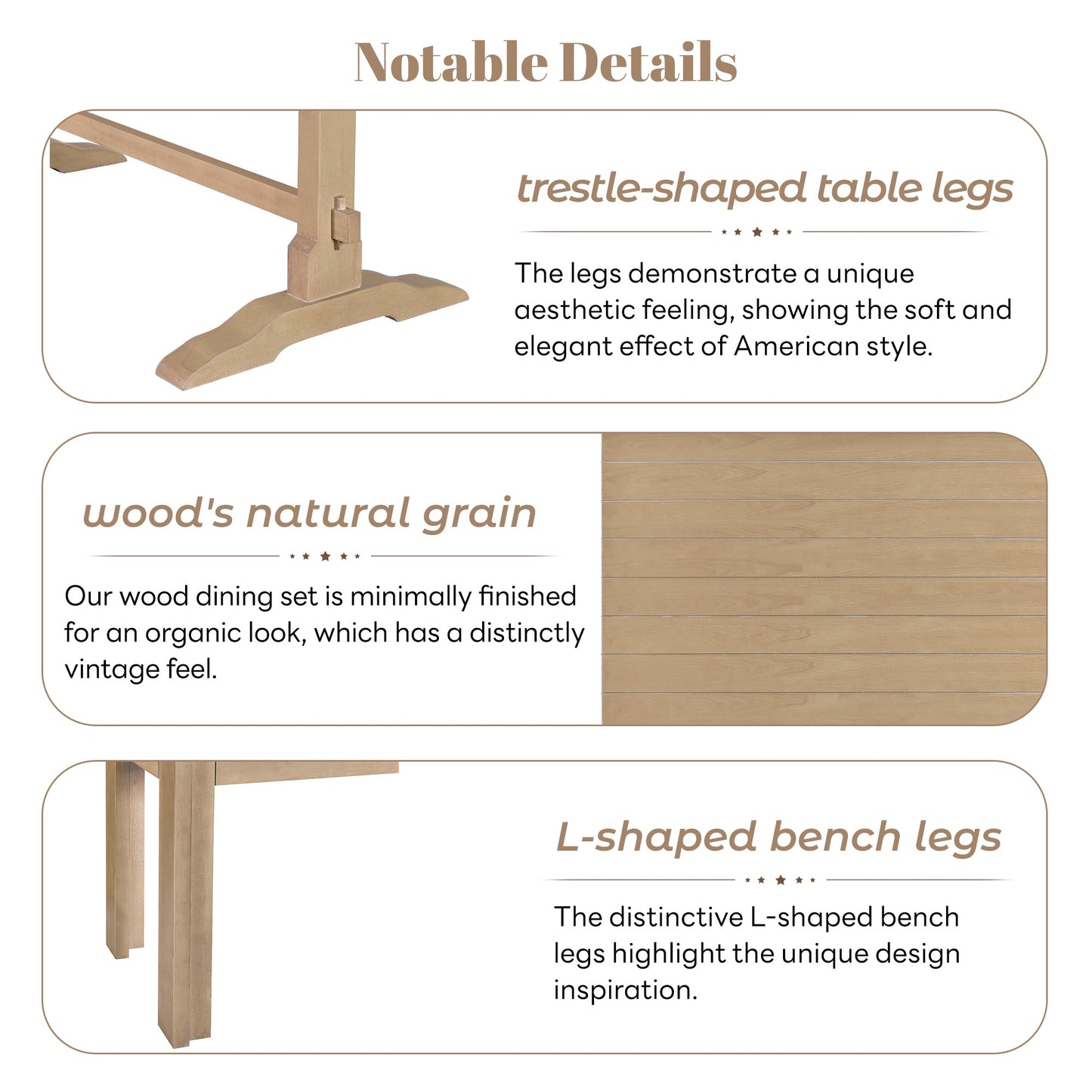 TREXM 3-piece retro dining table, rectangular stand table, and 2 4-person wooden stools (made of natural wood) - Korvel
