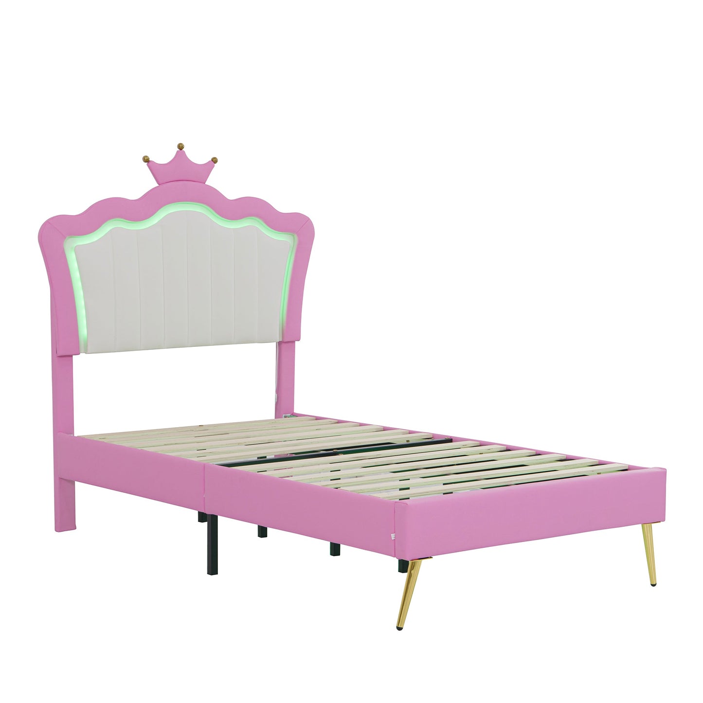 Twin Size Upholstered Bed Frame with LED Lights - Pink & White